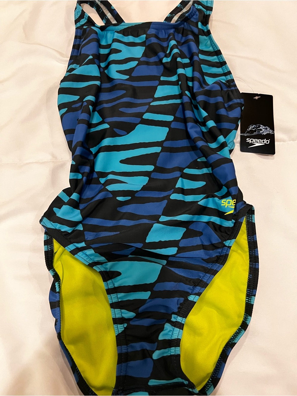 Speedo Blue Teal Zebra-Print One-Piece Swimsuit with Neon Yellow Lining